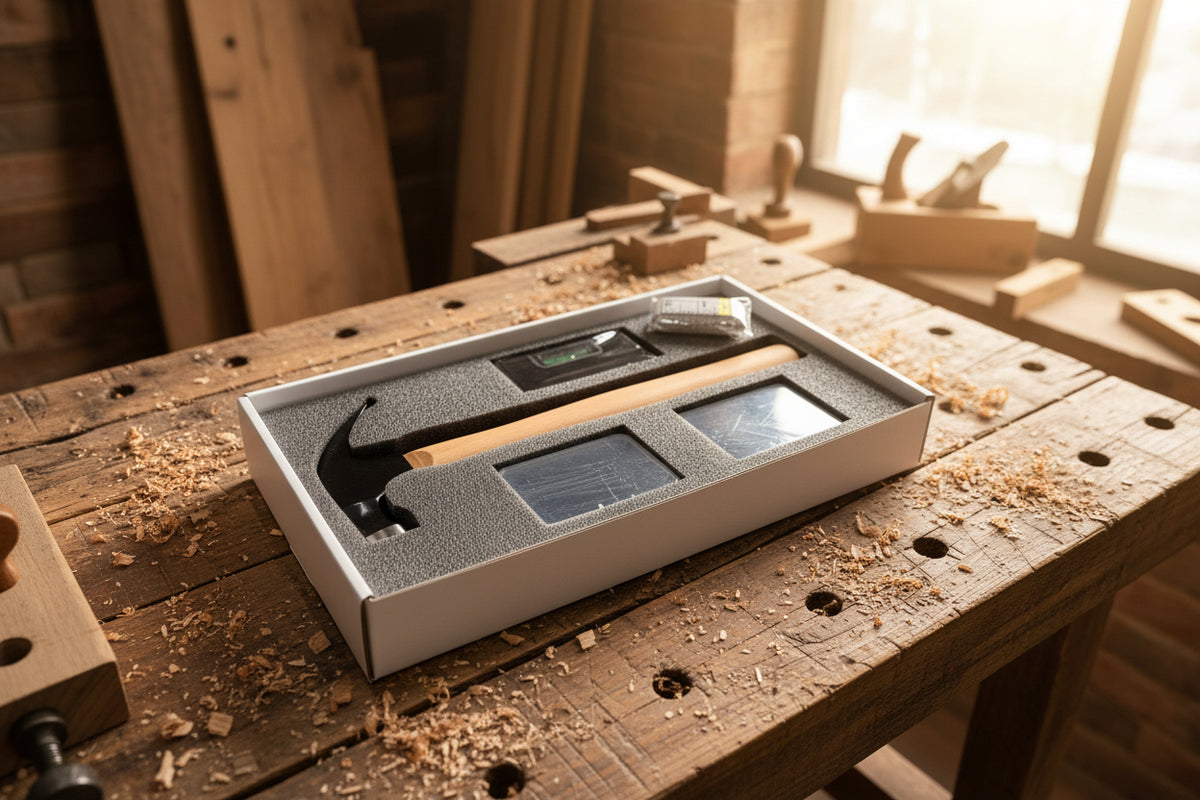 Wooden Carpenters Hammer with nails and leveler