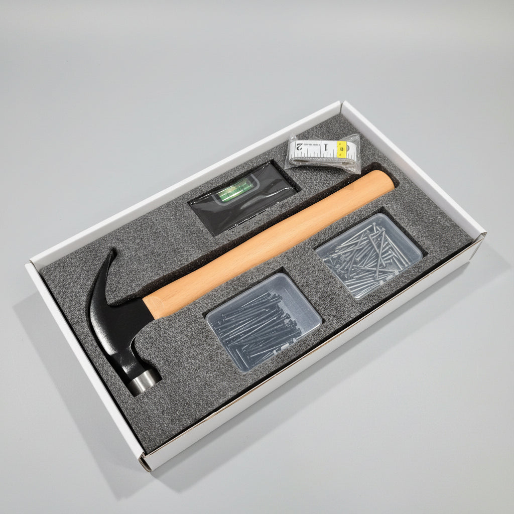 Wooden Carpenters Hammer with nails and leveler